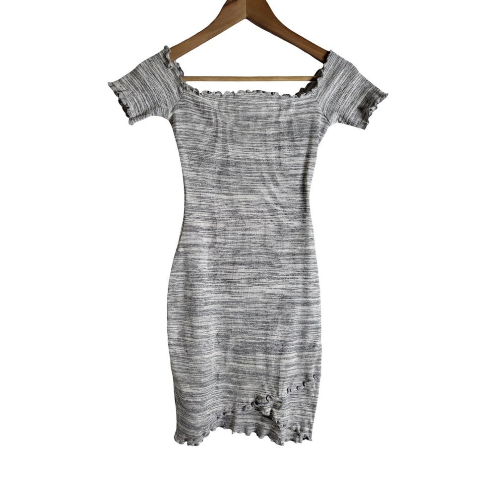 May Pink Grey Space Dye Ribbed Off Shoulder Lettuce Edge Bodycon Mini Dress